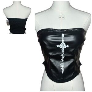 Black Strapless Faux Leather Top with White Graphic